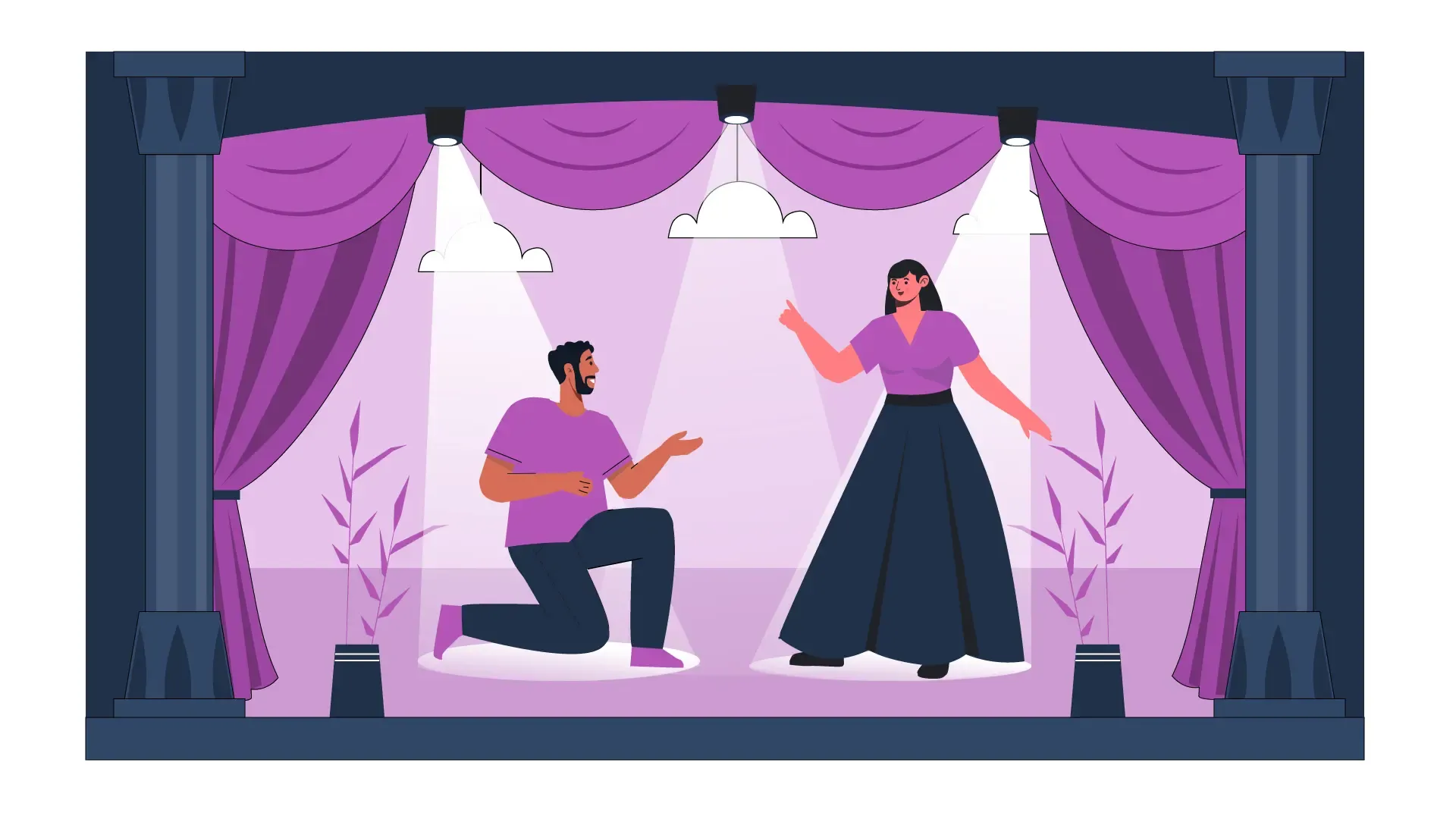 Flat 2D Vector Illustration of a Stage Performance with Actors